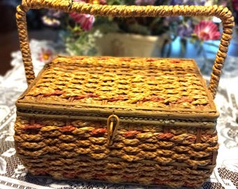 Vintage Woven Sewing Basket with Handle: Petite Craft Storage
