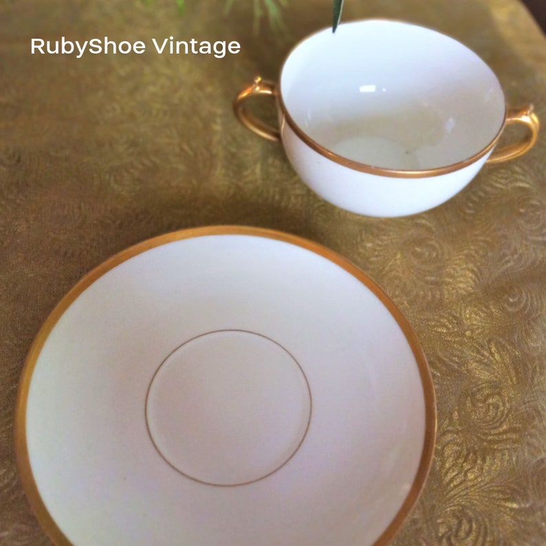 Limoges Cream Soup Bowl Set: Handpainted Bouillon Cup, GOA France image 4