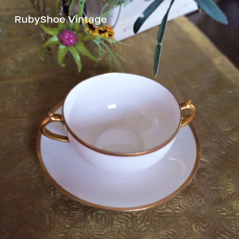 Limoges Cream Soup Bowl Set: Handpainted Bouillon Cup, GOA France image 2