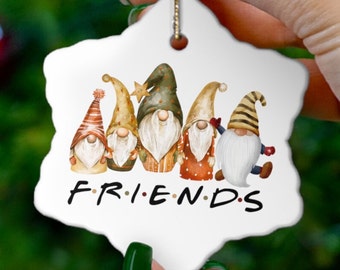 Friends Gnome Christmas Ornament: Watercolor Snowflake Ceramic Gift