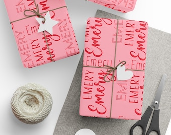Pink and Red Modern Personalized Name Christmas Wrapping Paper Custom Christmas Paper Christmas Gift Wrap Unique Paper Gifts Christmas Gifts
