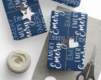 Blue and White Modern Personalized Custom Name Christmas Wrapping Gift Wrap Unique Paper Holiday Gifts Birthday Wrap Party Supplies