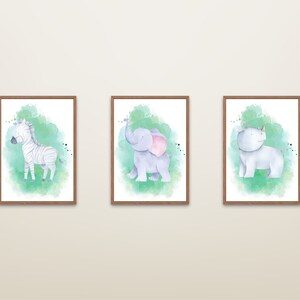 Juego de póster de la habitación infantil animales en la selva, elefante, rinoceronte, cebra, decoración de la habitación del bebé, decoración para niños A4 A3 A2