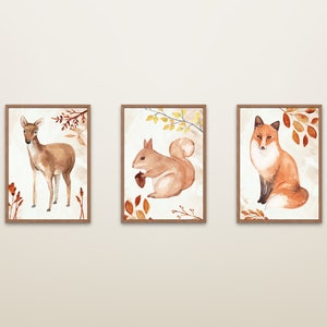 Kinderzimmer Poster Set Waldtiere, Fuchs, Eichhörnchen, Reh, Babyzimmer Dekoration, Dekoration für Kinder A4 A3 A2