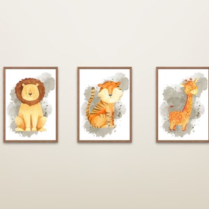 Kinderzimmer Poster Set Tiere im Dschungel, Löwe, Giraffe, Tiger, Babyzimmer Dekoration, Dekoration für Kinder A4 A3 A2