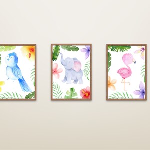 Kinderzimmer Poster Set Dschungeltiere, Elefant, Flamingo, Vogel, Babyzimmer Dekoration, Dekoration für Kinder A4 A3 A2