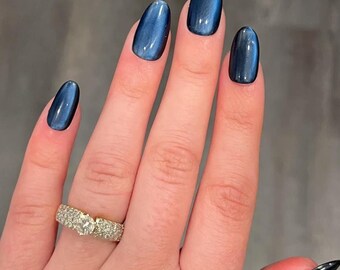 DEEP SEA - dark blue cat eye glass press on nails gel acrylic fake false