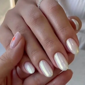 FROST: Press On Nails- milky white glazed donut rainbow chrome glitter iridescent- Hailey Bieber spring summer almond bridal