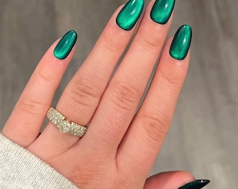 AURORA BOREALIS - green cat eye glass press on nails acrylic fake false