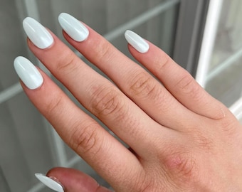 SKY BLUE: Light Milky Blue Chrome Press On Nails -- blueberry milk trend short almond hailey bieber