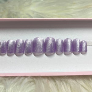 LAVENDER: Purple Cat Eye Press On Nails- velvet glitter fake false gel acrylic short square