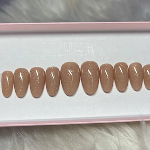 BELGIAN CHOCOLATE: Light Brown Glitter Press On Nails -- gel acrylic fake false short almond beige neutral