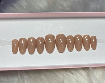 BELGIAN CHOCOLATE: Light Brown Glitter Press On Nails -- gel acrylic fake false short almond beige neutral