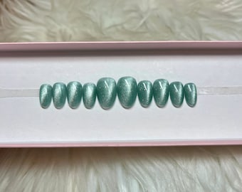 SEAFOAM: Blue-Green Cat Eye Press On Nails-- fake false acrylic short almond gel glitter velvet