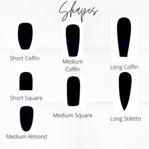 May include: Diagram showing different nail shapes, including short coffin, medium coffin, long coffin, short square, medium square, long stiletto, and medium almond.