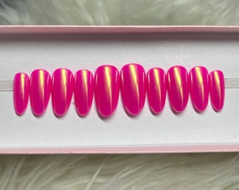 RASPBERRY GLOW: Hot Pink Chrome Press On Nails -- fake false acrylic gel apres medium almond shimmer glitter hailey bieber