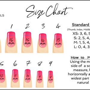 May include: A nail size chart with measurements in millimeters for each size. The chart shows the sizes 0-9, with the corresponding millimeter measurement for each size. The chart also includes a section on standard sizes for each finger, with the sizes listed for extra small, small, medium, and large.