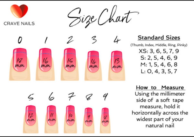 May include: A nail size chart with measurements in millimeters for each size. The chart shows the sizes 0-9, with the corresponding millimeter measurement for each size. The chart also includes a section on standard sizes for each finger, with the sizes listed for extra small, small, medium, and large.
