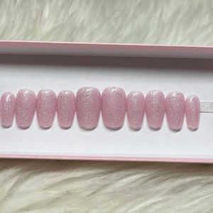 PRINCESS- pink glitter press on nails - acrylic birthday short coffin gel fake false spring summer