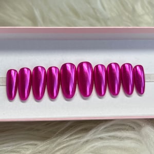 EMPOWERED: Hot Pink Chrome Press On Nails - fake false acrylic gel medium almond