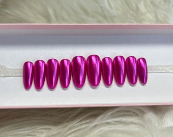 EMPOWERED: Hot Pink Chrome Press On Nails - fake false acrylic gel medium almond