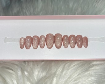 GODDESS: Nude Cat Eye Press On Nails - velvet glitter short almond gel acrylic fake false neutral