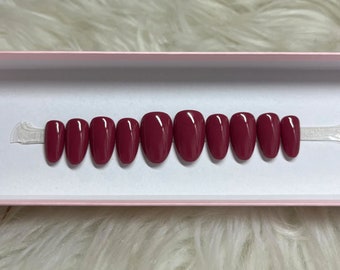 WINE O'CLOCK: Red Press On Nails -- burgundy burnt fall autumn short almond fake false gel acrylic