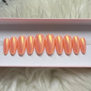 SUNRISE: Orange Chrome Press On Nails -- iridescent summer pastel fake false gel acrylic medium almond