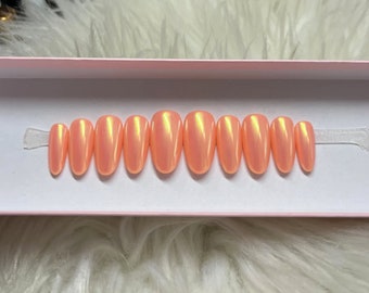 SUNRISE: Orange Chrome Press On Nails -- iridescent summer pastel fake false gel acrylic medium almond