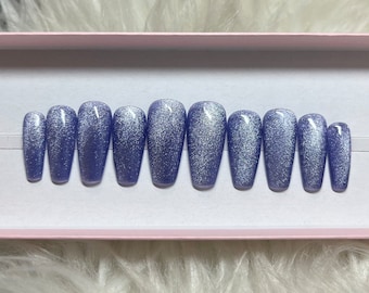 LAPIS: Blue Cat Eye Press On Nails - velvet glitter acrylic gel fake false coffin