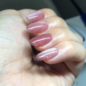 TWINKLE: Pink Cat Eye Press On Nails- velvet glitter short almond gel acrylic fake false