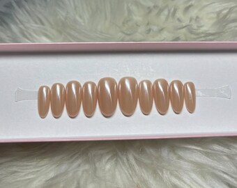 CHAMPAGNE TOAST: Nude Chrome Press On Nails - glazed donut hailey bieber medium almond neutral beige acrylic fake false gel