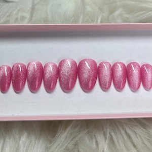 CARNATION PINK: Cat Eye Press On Nails - velvet glitter acrylic gel fake false short almond