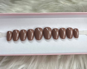 LATTE: Brown Press On Nails -- fall autumn short almond fake false gel acrylic