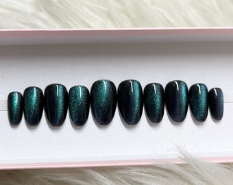 MOONSTONE: Cat Eye Press On Nails - green blue purple black glitter velvet short almond gel acrylic fake false spring summer