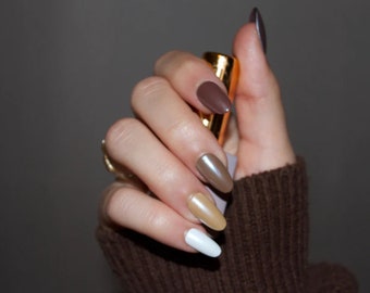COLD BREW: Brown Chrome Press On Nails - acrylic gel fake false fall autumn short almond