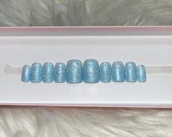 AQUAMARINE: Blue Glitter Press On Nails - gel acrylic fake false spring summer rainbow iridescent short square