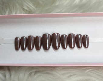 ICED BROWNIE: Brown Chrome Press On Nails -- gel acrylic fake false fall autumn short almond