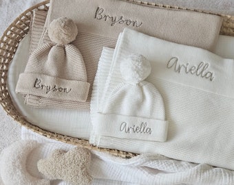 Personalised Knitted Baby Blanket and Hat Set | Pram Blanket | Organic Cotton Baby Blanket | Pom Pom Hat| Baby Shower Gift | New Baby Gift