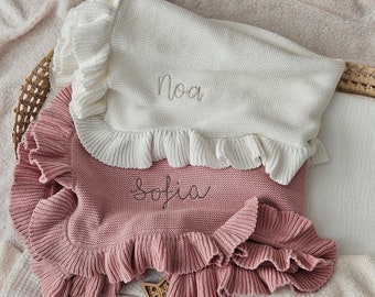 Personalised Knitted Frill Edge Baby Blanket | Pram Blanket | Organic Cotton Baby Blanket | Frill Blanket | Baby Shower Gift | New Baby Gift