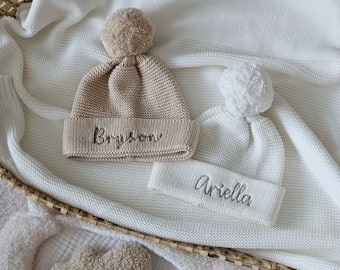 Personalised Knitted Baby Bobble Hat | Baby Bobble Hat | Organic Cotton Baby Hat | Pom Pom Hat | Knit Hat | Baby Shower Gift | New Baby Gift