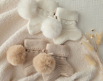 Knitted Baby Booties | Pom Pom Baby Booties | Organic Cotton Baby Booties | Knit Booties | Baby Shower Gift | New Baby Gift