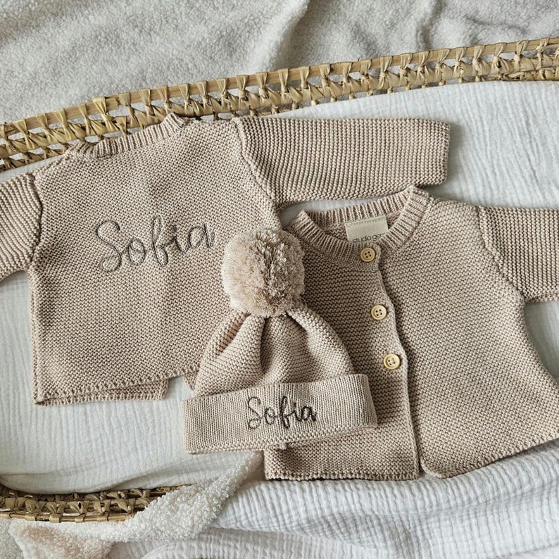 Personalised Knitted Baby Cardigan Organic Cotton Cardigan Name Knit