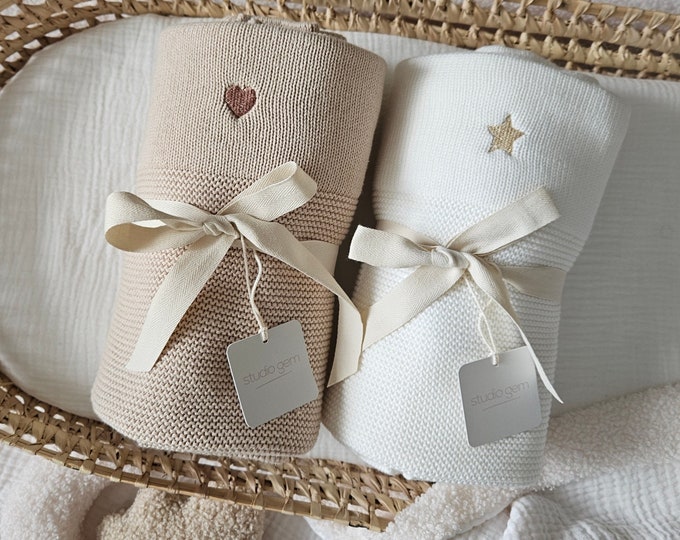 Personalised Knitted Baby Blanket | Pram Blanket | Organic Cotton Baby Blanket | Knit Nursery Blanket | Baby Shower Gift | New Baby Gift |