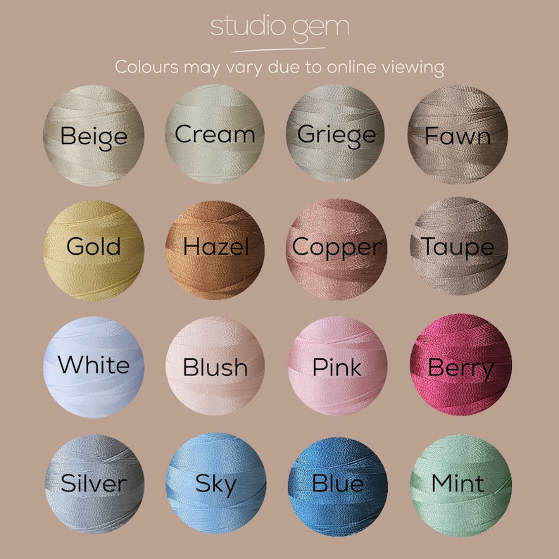 May include: A color chart of 16 different thread colors, including beige, cream, griege, fawn, gold, hazel, copper, taupe, white, blush, pink, berry, silver, sky, blue, and mint.