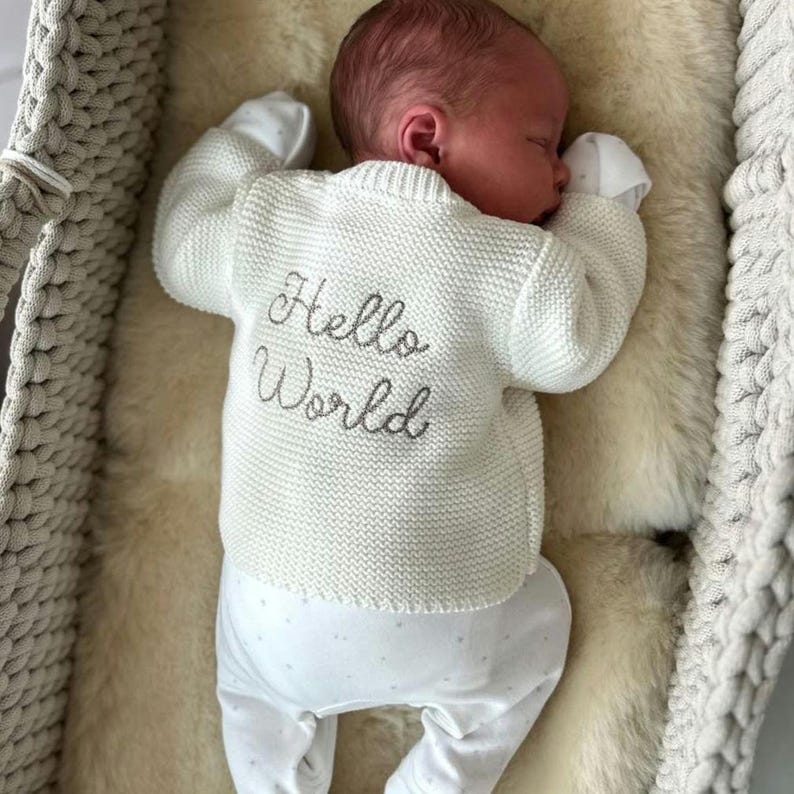 Personalised Knitted Baby Cardigan | Organic Cotton Cardigan | Name Knit Cardigan | Newborn Baby Clothes | Baby Shower Gift | New Baby Gift image 8