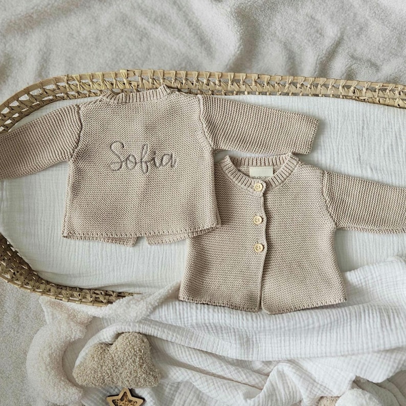 Personalised Knitted Baby Cardigan Organic Cotton Cardigan Name Knit