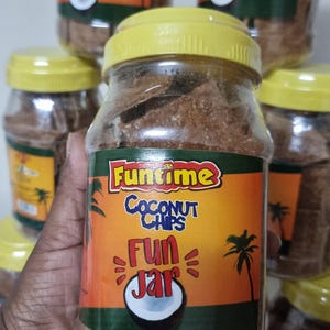 Funtime Coconut Chips ( Pack of 10/ 1 Box of 18/ 2Boxes of 36 and 3 Boxes of 54 Sachets) New Look Coconut Chips in a Jar.