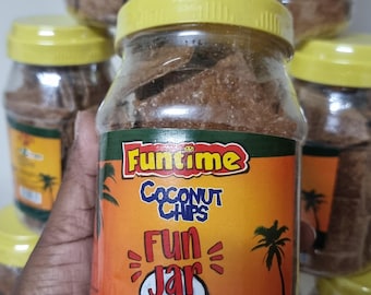 Funtime Coconut Chips ( Pack of 10/ 1 Box of 18/ 2Boxes of 36 and 3 Boxes of 54 Sachets) New Look Coconut Chips in a Jar.