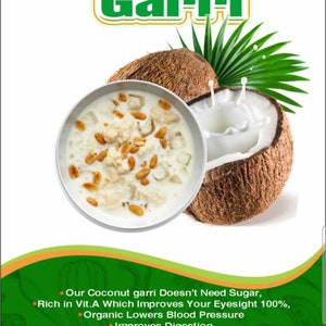 Puede incluir: Un tazón de garri de coco blanco con una mitad de cáscara de coco y leche de coco que se derrama. El texto "Healthy Coconut Garri" está en la parte superior de la imagen. El texto "Our Coconut garri Doesn't Need Sugar, Rich in Vit.A Which Improves Your Eyesight 100%, Organic Lowers Blood Pressure, Improves Digestion, Detoxifies the Body Provides Energy" está en la parte inferior de la imagen. El texto "Naija FOODS TEXAS 8324020851 23600 FM 1093 Richmond TX 77406" está en la parte inferior de la imagen.